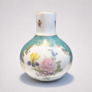 Vintage Hand-Painted Elios Porcelain Vase Floral Teal Gold Accent 6″ Decor